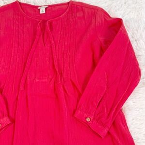 L.L.Bean Red Textured Cotton Tunic Shirt Top Women's Size Medium Long Sleeve
